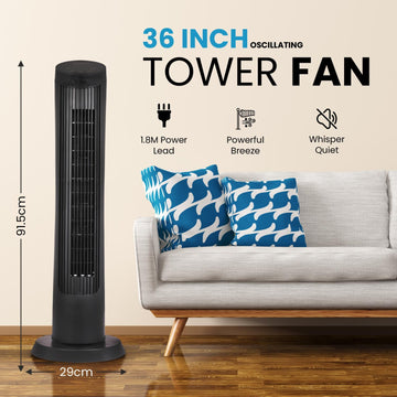 Olsen & Smith 36 Inch 27dB Ultra-Powerful & Silent Tower Fan – Smart Bladeless Design with Remote, 4 Speed Modes, 90° Oscillation, 12H Timer, LED Display – Matte Black